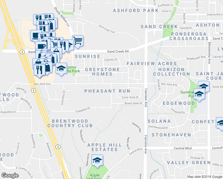 map of restaurants, bars, coffee shops, grocery stores, and more near 1995 Corte Vista Street in Brentwood