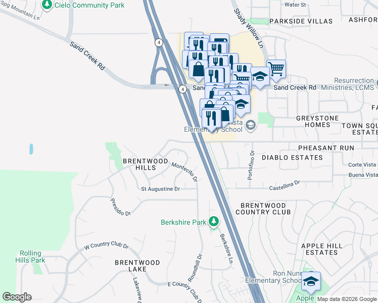 map of restaurants, bars, coffee shops, grocery stores, and more near 782 Altessa Drive in Brentwood