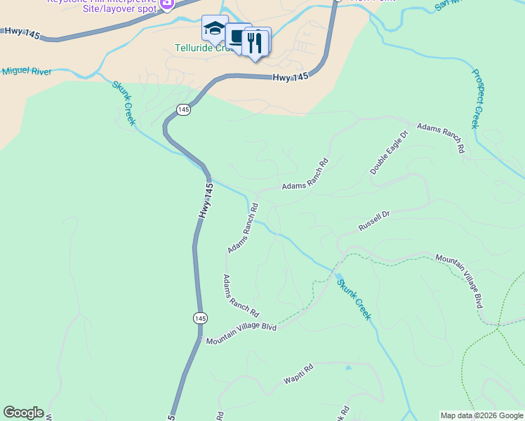 map of restaurants, bars, coffee shops, grocery stores, and more near 100-178 Adams Ranch Rd in Mountain Village