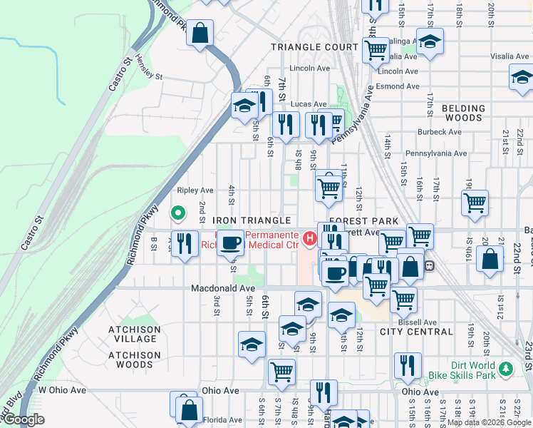 map of restaurants, bars, coffee shops, grocery stores, and more near 549 6th Street in Richmond