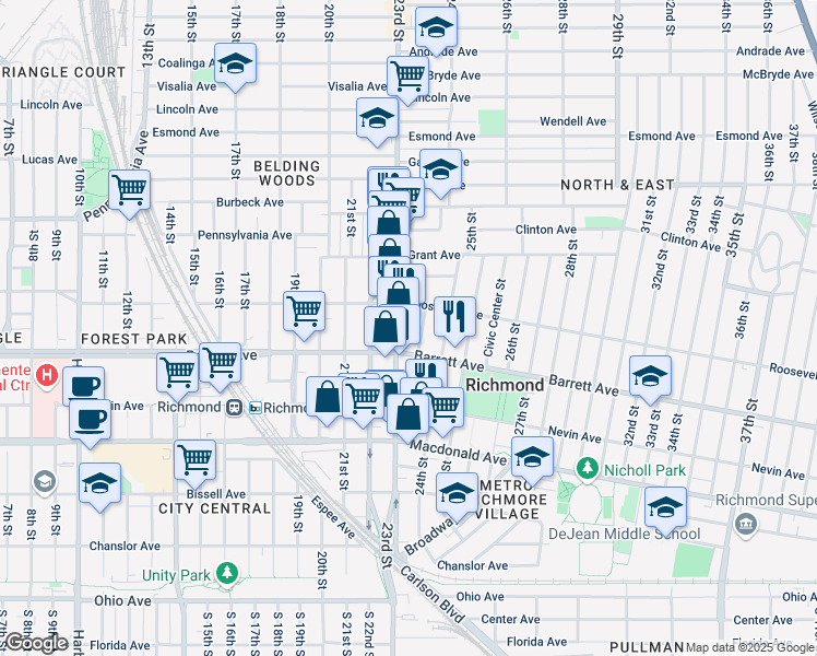 map of restaurants, bars, coffee shops, grocery stores, and more near 550 23rd Street in Richmond