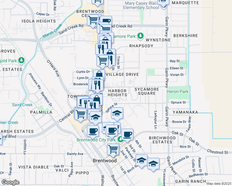 map of restaurants, bars, coffee shops, grocery stores, and more near 103 Pelican Street in Brentwood