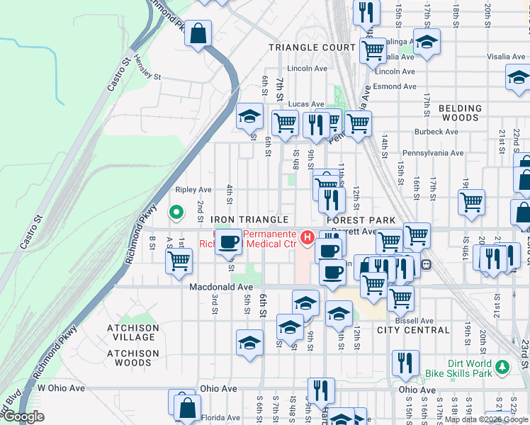 map of restaurants, bars, coffee shops, grocery stores, and more near 549 6th Street in Richmond