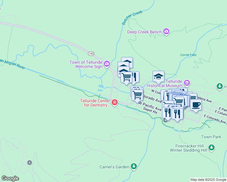 map of restaurants, bars, coffee shops, grocery stores, and more near 228 Mahoney Drive in Telluride