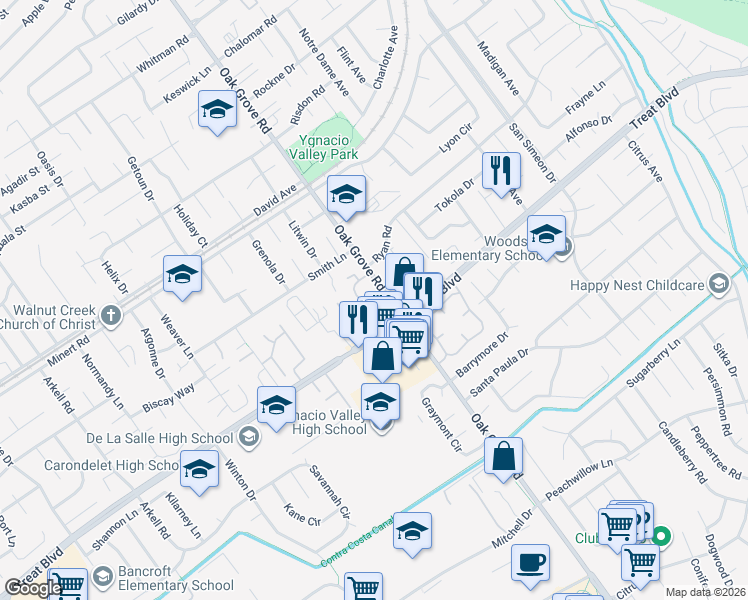 map of restaurants, bars, coffee shops, grocery stores, and more near 825 Oak Grove Road in Concord