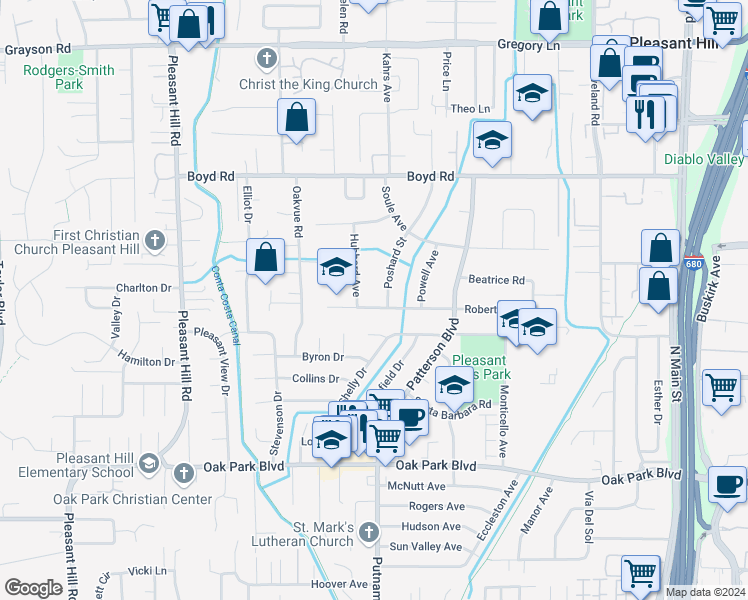map of restaurants, bars, coffee shops, grocery stores, and more near 218 Poshard Street in Pleasant Hill