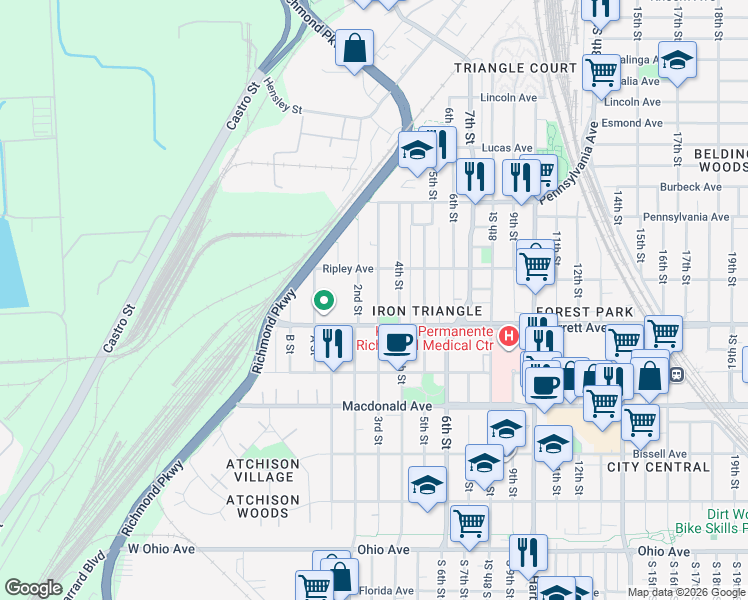 map of restaurants, bars, coffee shops, grocery stores, and more near 553 3rd Street in Richmond