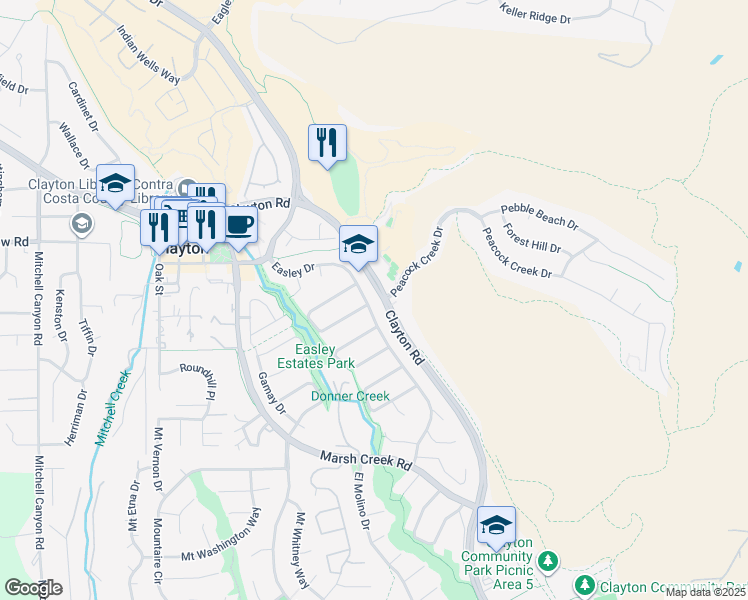 map of restaurants, bars, coffee shops, grocery stores, and more near 1224 Easley Drive in Clayton