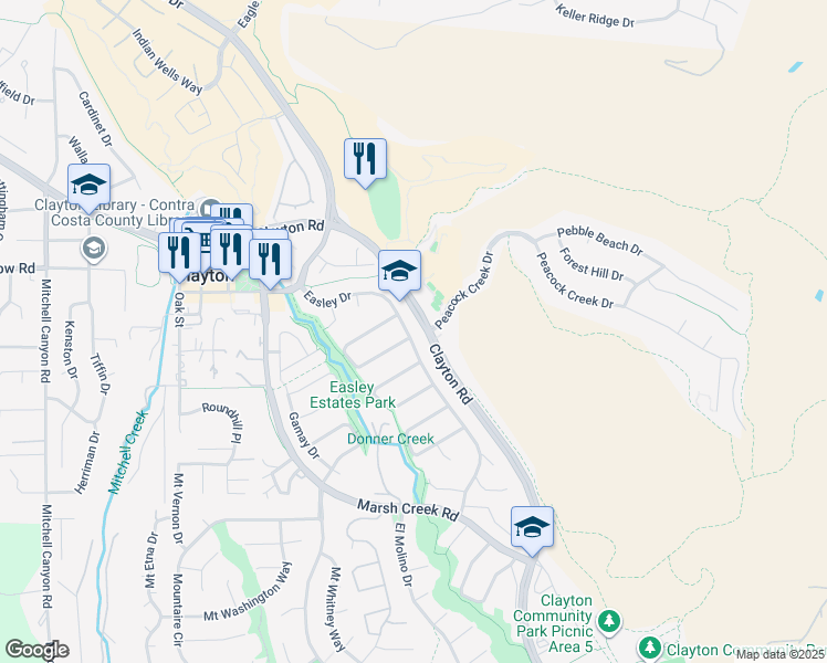 map of restaurants, bars, coffee shops, grocery stores, and more near 1224 Easley Drive in Clayton