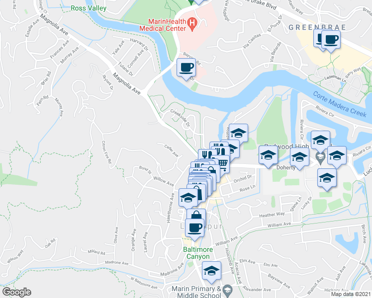 map of restaurants, bars, coffee shops, grocery stores, and more near 647 Magnolia Avenue in Larkspur