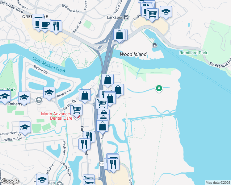 map of restaurants, bars, coffee shops, grocery stores, and more near 2092 Redwood Highway in Larkspur