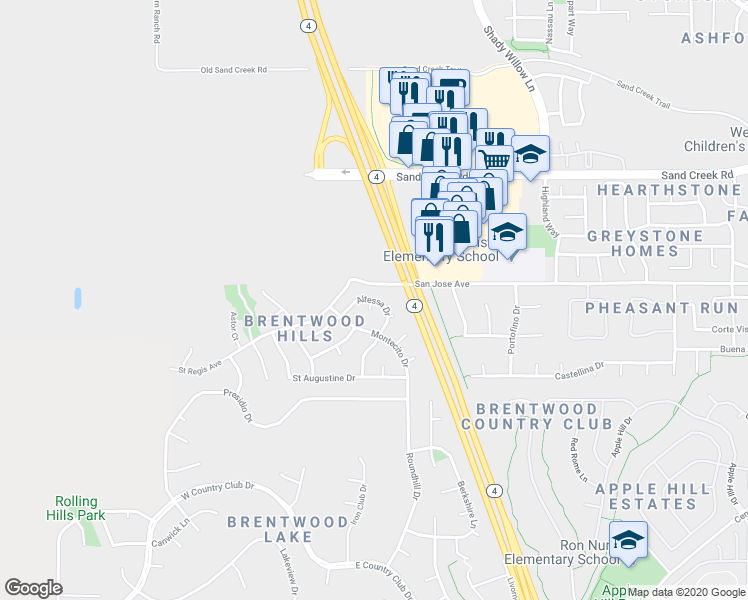 map of restaurants, bars, coffee shops, grocery stores, and more near 767 Altessa Drive in Brentwood
