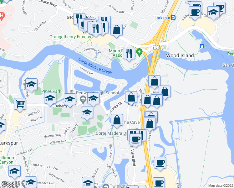 map of restaurants, bars, coffee shops, grocery stores, and more near 156 Riviera Circle in Larkspur