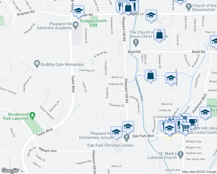 map of restaurants, bars, coffee shops, grocery stores, and more near 230 Valley Drive in Pleasant Hill