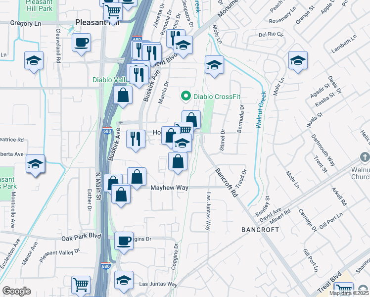 map of restaurants, bars, coffee shops, grocery stores, and more near 3440 Vincent Rd in Pleasant Hill