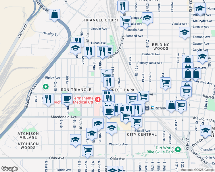 map of restaurants, bars, coffee shops, grocery stores, and more near 544 Harbour Way in Richmond