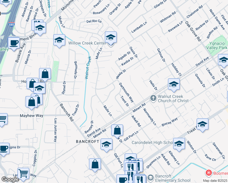 map of restaurants, bars, coffee shops, grocery stores, and more near 1640 Amhurst Way in Concord