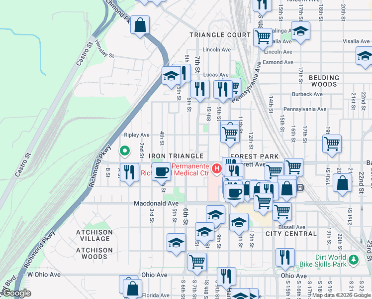 map of restaurants, bars, coffee shops, grocery stores, and more near 551 6th Street in Richmond