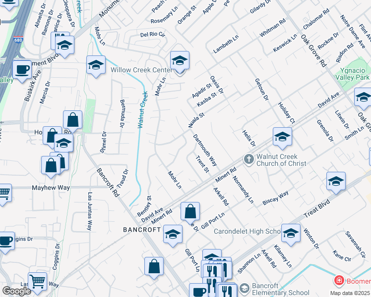 map of restaurants, bars, coffee shops, grocery stores, and more near 1640 Amhurst Way in Concord