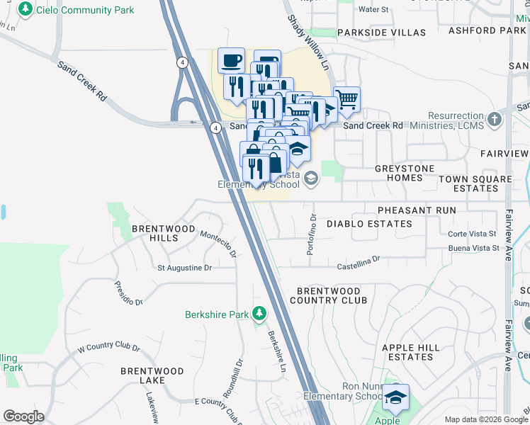 map of restaurants, bars, coffee shops, grocery stores, and more near 1127 Santa Margherita Way in Brentwood