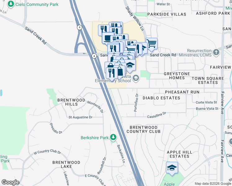 map of restaurants, bars, coffee shops, grocery stores, and more near 1127 Santa Margherita Way in Brentwood