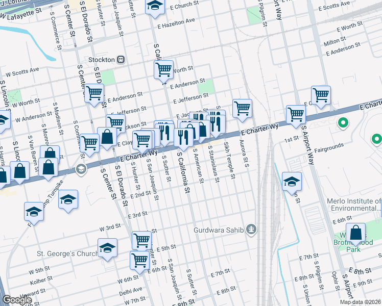 map of restaurants, bars, coffee shops, grocery stores, and more near 1427 S American St in Stockton