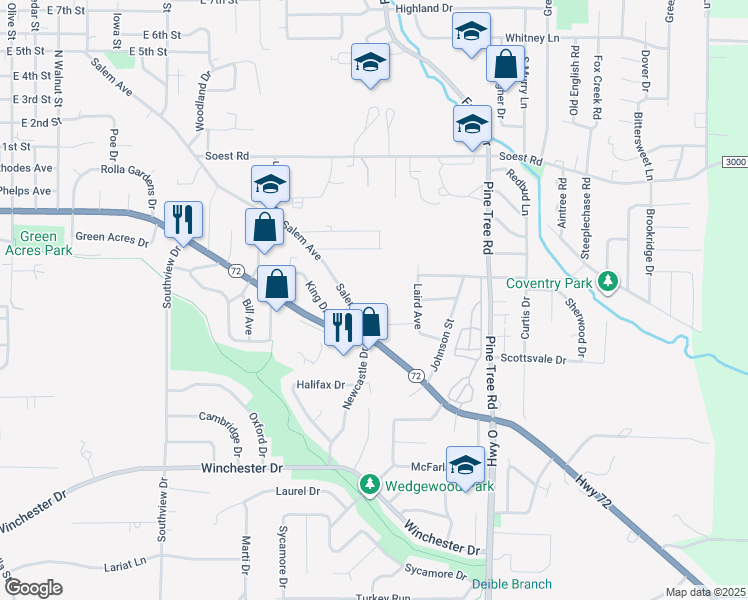map of restaurants, bars, coffee shops, grocery stores, and more near 707 Salem Avenue in Rolla
