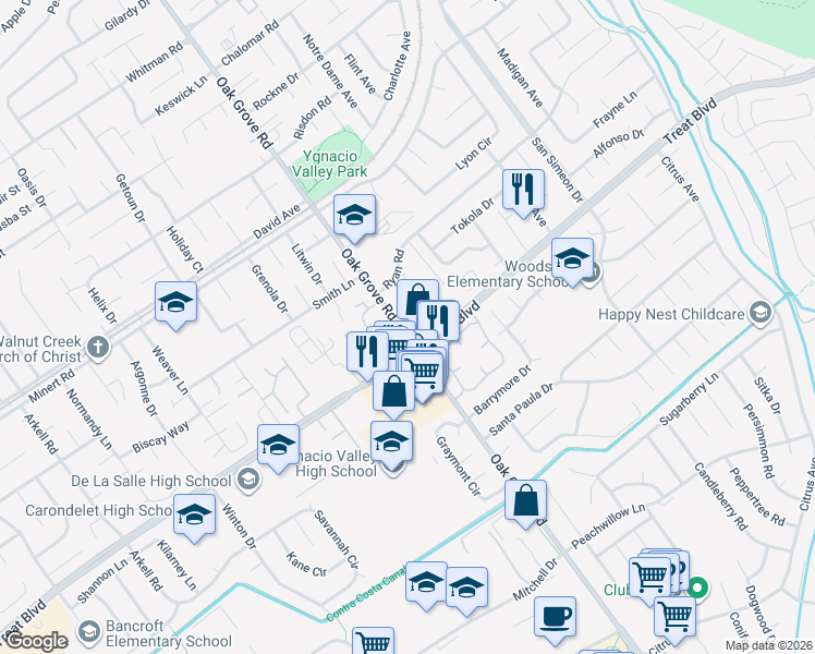 map of restaurants, bars, coffee shops, grocery stores, and more near 800 Oak Grove Road in Concord