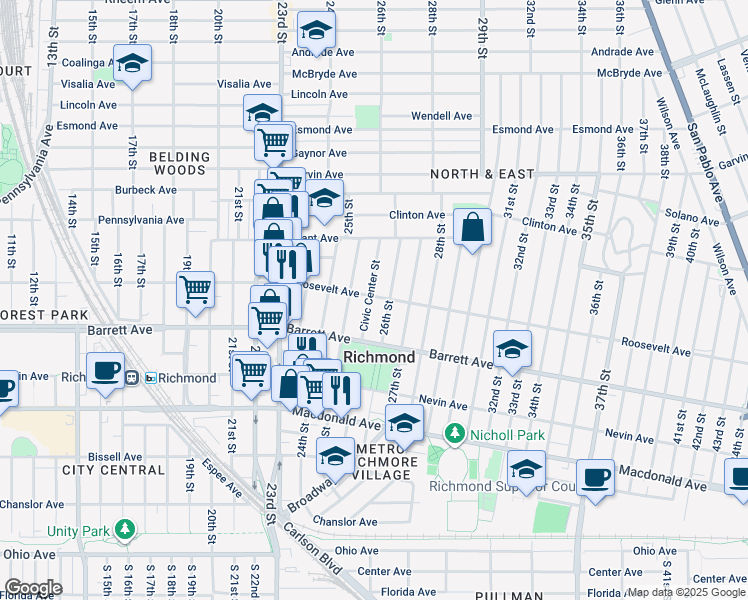 map of restaurants, bars, coffee shops, grocery stores, and more near 601 26th Street in Richmond