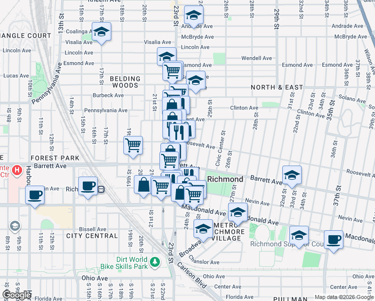 map of restaurants, bars, coffee shops, grocery stores, and more near in Richmond