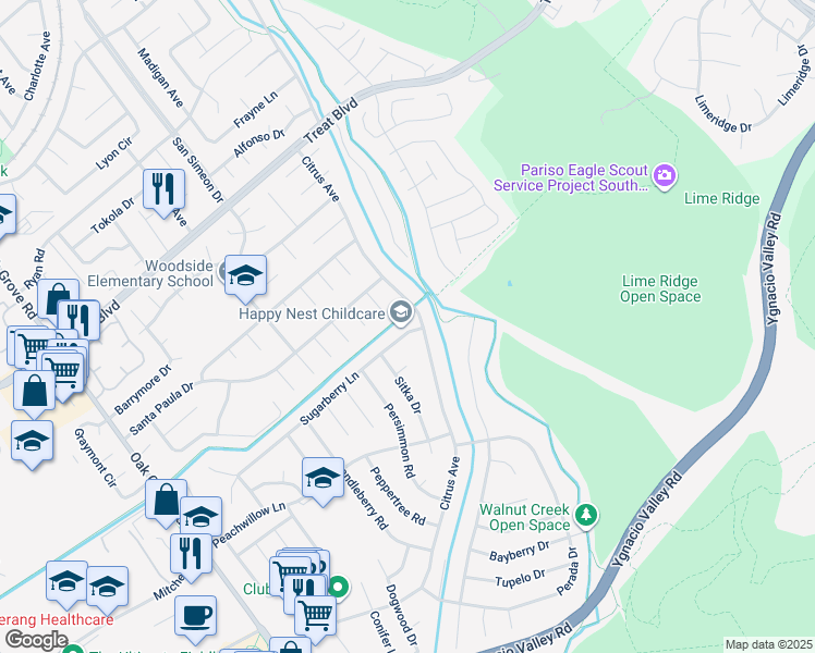 map of restaurants, bars, coffee shops, grocery stores, and more near 3648 Sugarberry Lane in Walnut Creek