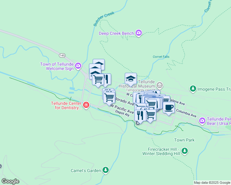 map of restaurants, bars, coffee shops, grocery stores, and more near 576 West Columbia Avenue in Telluride