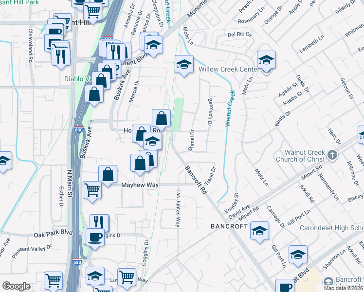 map of restaurants, bars, coffee shops, grocery stores, and more near 1020 Bancroft Road in Concord