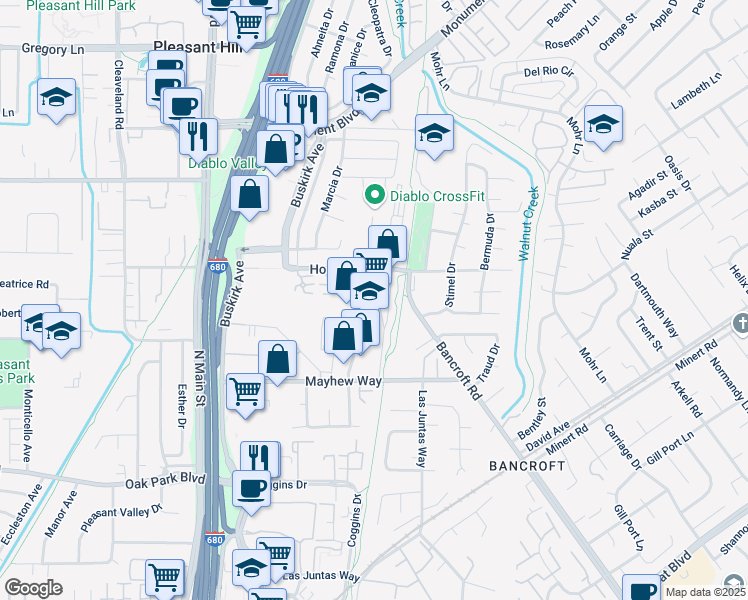 map of restaurants, bars, coffee shops, grocery stores, and more near 3440 Vincent Road in Pleasant Hill