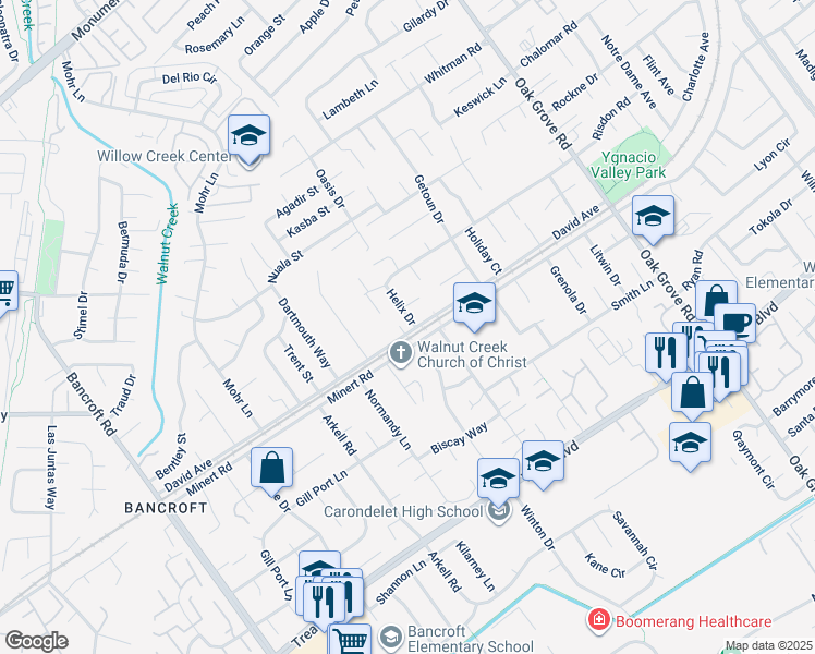 map of restaurants, bars, coffee shops, grocery stores, and more near 901 Helix Drive in Concord