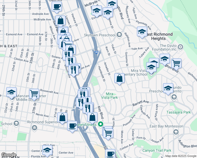 map of restaurants, bars, coffee shops, grocery stores, and more near 5202 Sierra Avenue in Richmond