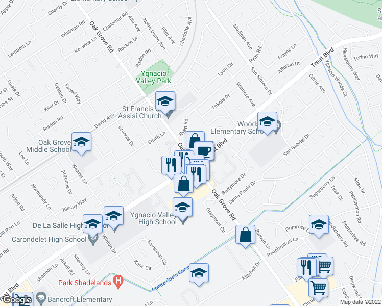 map of restaurants, bars, coffee shops, grocery stores, and more near 810 Oak Grove Road in Concord