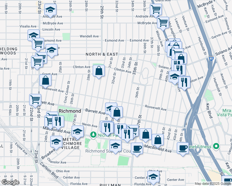 map of restaurants, bars, coffee shops, grocery stores, and more near 623 33rd Street in Richmond