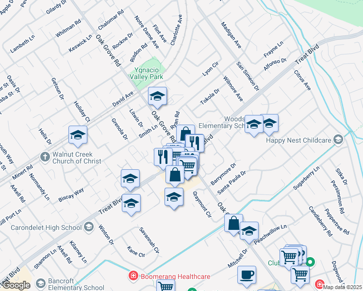 map of restaurants, bars, coffee shops, grocery stores, and more near 810 Oak Grove Road in Concord