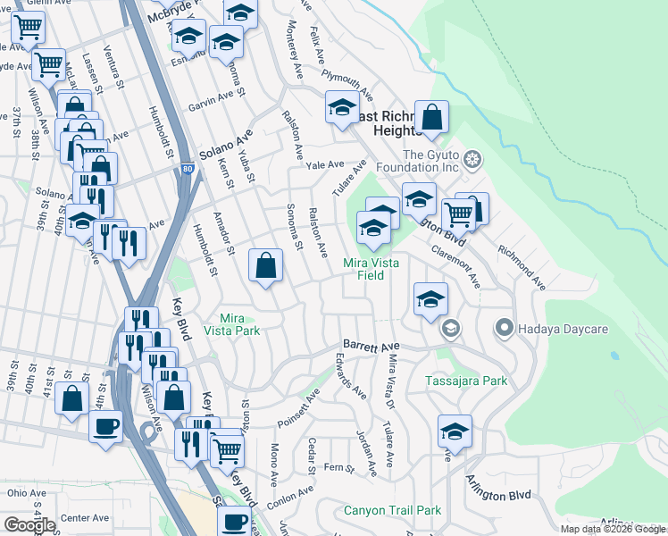 map of restaurants, bars, coffee shops, grocery stores, and more near 1835 Ralston Avenue in Richmond