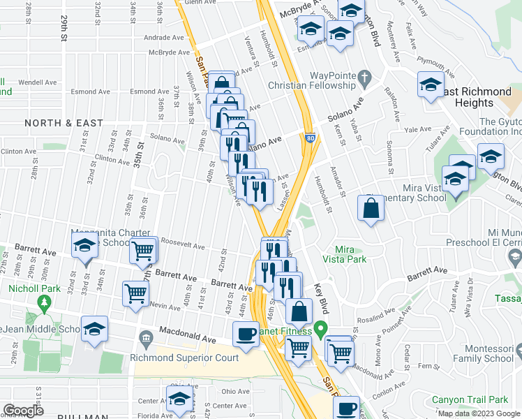 map of restaurants, bars, coffee shops, grocery stores, and more near 12450 San Pablo Avenue in Richmond