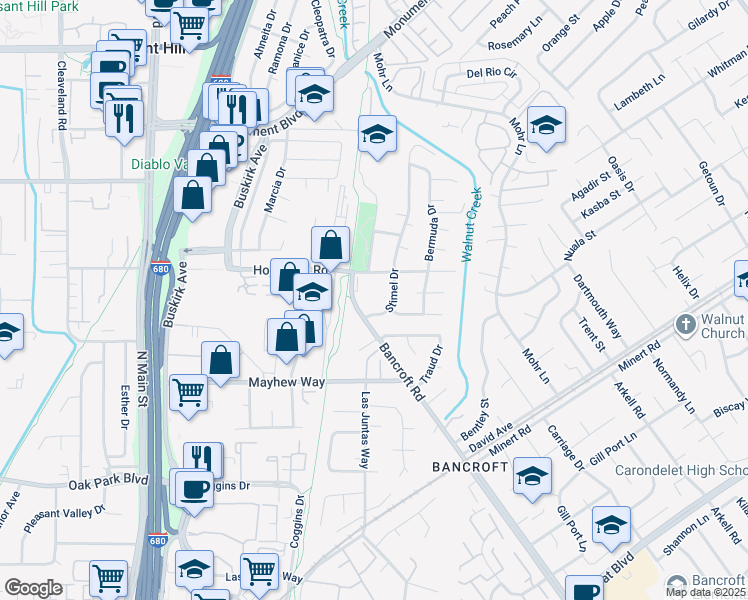 map of restaurants, bars, coffee shops, grocery stores, and more near 1014 Bancroft Road in Concord