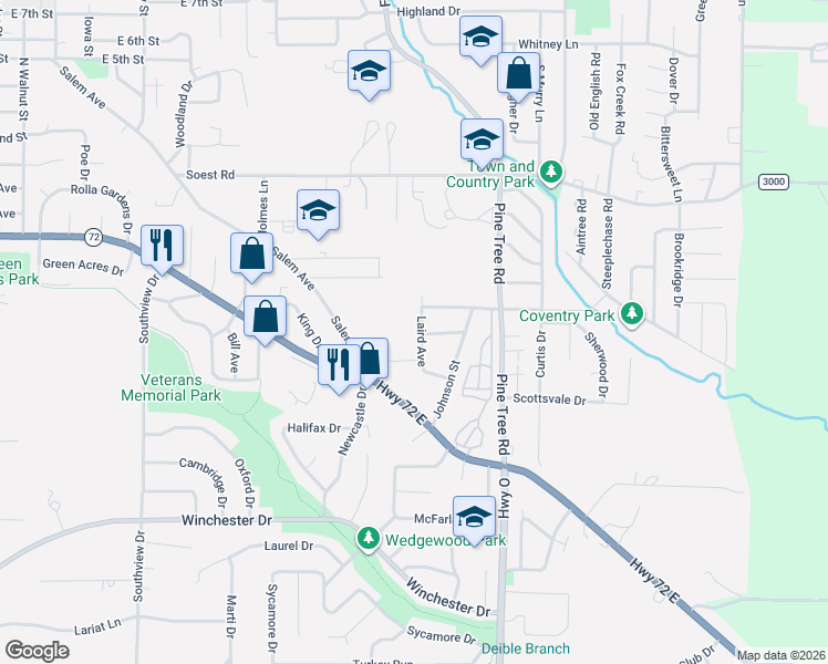 map of restaurants, bars, coffee shops, grocery stores, and more near 12 Laird Avenue in Rolla
