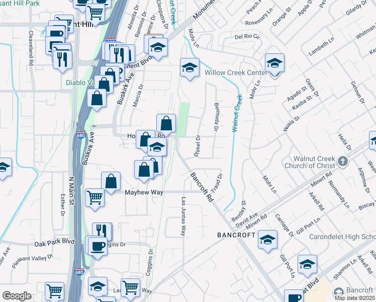 map of restaurants, bars, coffee shops, grocery stores, and more near 1014 Bancroft Road in Concord
