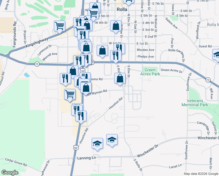map of restaurants, bars, coffee shops, grocery stores, and more near 320 Fort Wyman Road in Rolla