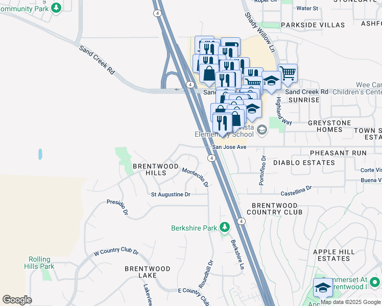 map of restaurants, bars, coffee shops, grocery stores, and more near 799 Altessa Drive in Brentwood