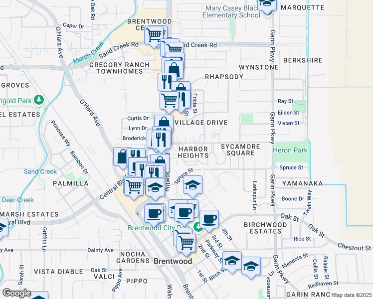 map of restaurants, bars, coffee shops, grocery stores, and more near 112 Kingfisher Street in Brentwood