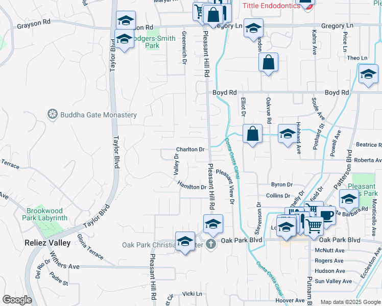 map of restaurants, bars, coffee shops, grocery stores, and more near 725 Charlton Drive in Pleasant Hill