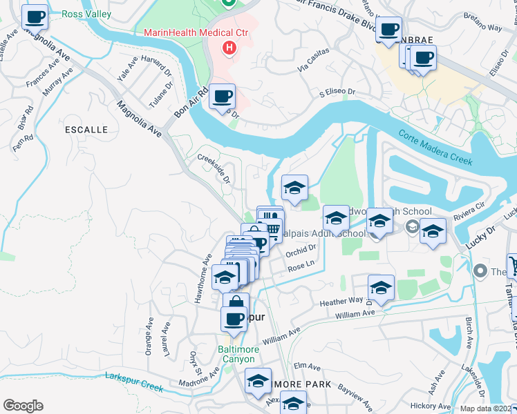 map of restaurants, bars, coffee shops, grocery stores, and more near 116 Larkspur Plaza Drive in Larkspur