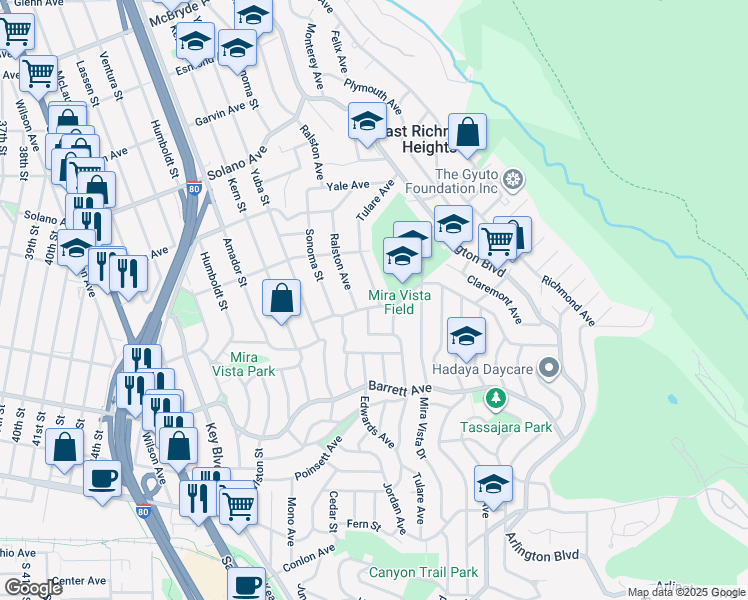 map of restaurants, bars, coffee shops, grocery stores, and more near 1886 Tulare Avenue in Richmond